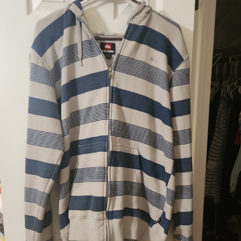 Quiksilver Blue and Gray Striped Zip-Up Sweater